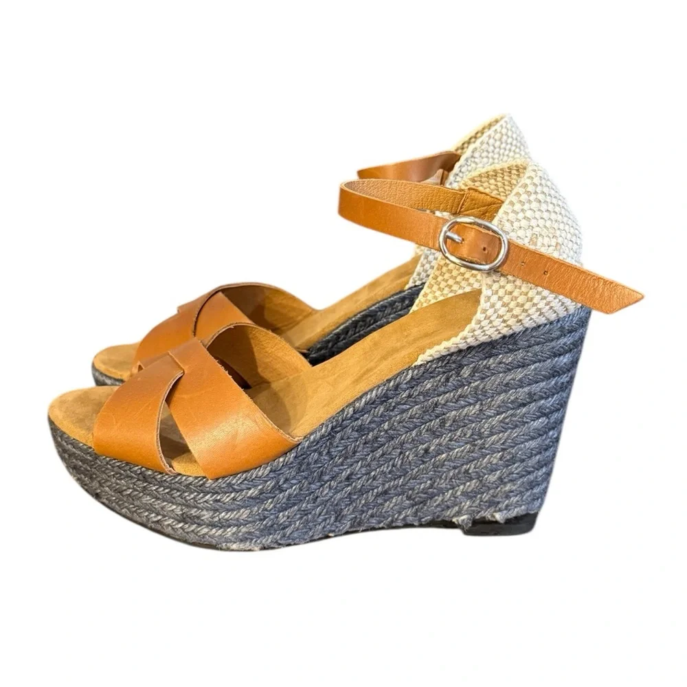Maypole Brown/Navy Blue Espadrille Wedge Heels Size 8 - Picture 3 of 8